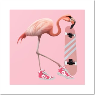 Flamingo and Pink shoes sneakers and skateboard Posters and Art